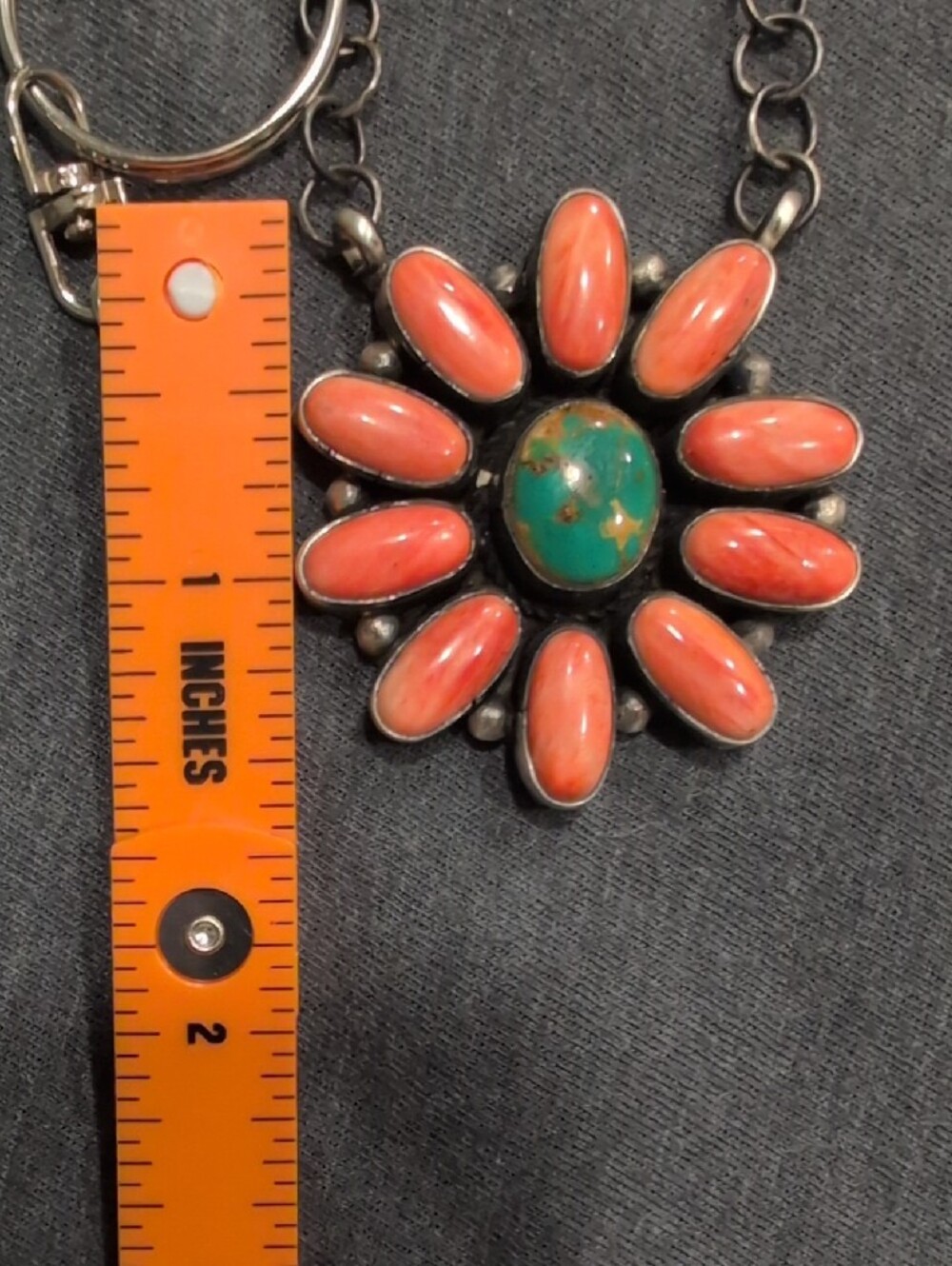 Navajo Made Orange Spiny And Turquoise Sunburst Pendant Necklace - Picture 3 of 4